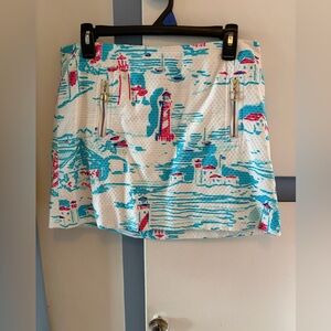Lilly Pulitzer White Mini Skirt with Teal & Pink Lighthouse Print